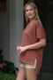 Brick Color V-Neck Low Sleeve Slit Knitted Oversize T-Shirt - 2
