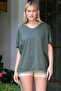 Camouflage Green V-Neck Low Sleeve Slit Knitted Oversize T-Shirt - 3