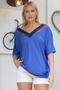 Blue V-Neck Bat Sleeve Leather Garnished Knitted Blouse - 2