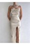 Mink Satin Thin Strap Dress with Draped Chest - 5