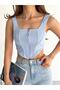 Blue Square Collar Zippered Piping Ottoman Fabric Women's Crop Blouse