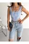 Blue Square Collar Zippered Piping Ottoman Fabric Women's Crop Blouse - 4