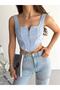 Blue Square Collar Zippered Piping Ottoman Fabric Women's Crop Blouse - 5