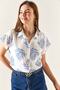 Women's Bush Blue Patterned Linen Bat Shirt GML-19001129 - 2