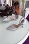 Silver Satin 6cm Champagne Heels with Ankle Belt Double Waterway Stone Evening Dress Stiletto Women's Shoes - 2
