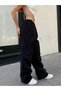 Black Colored Loose Baggy Unisex Trousers with Cargo Pockets and Elastic Waist - 4
