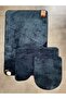 Ultrasoft Plain Navy Blue 3-Piece Bathroom Rug Mat Set Non-Slip Leather Based Washable Toilet Seat Set