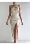 Mink Satin Thin Strap Dress with Draped Chest - 3