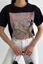 Women's Black New Season Printed Pearl Bead Embroidered Cotton T-Shirt - 5