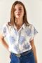 Women's Bush Blue Patterned Linen Bat Shirt GML-19001129 - 3