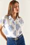 Women's Bush Blue Patterned Linen Bat Shirt GML-19001129 - 5