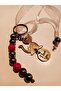 Lucky Cat Double Sided Fu Keychain Bag Ornament Beaded Design Antique Metal - 3