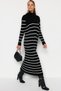 Black Striped Zipper Detailed Knitwear Dress TCTAW24EB00019