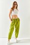 Women's Oil Green Pocketed Sewing Detailed Linen Shalwar Trousers PNT-19000234 - 5