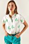 Women's Floral Green Patterned Linen Bat Shirt GML-19001129 - 3