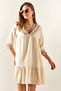 Women's Stone Guipure Detailed Lined Mini Linen Dress ELB-19001917 - 5