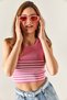 Women's Pink Six Striped Crop Knitwear Blouse BLZ-19002323 - 4