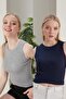 Women's Gray Navy Blue Halter Neck 2-Piece Crop Blouse