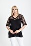 Black Lace Detailed Heart Collar Blouse - 2