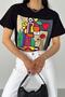 Women's Black Crew Neck Printed Cotton T-Shirt - 5