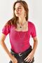 Women's Fuchsia Sleeve Openwork Short Sleeve Ribbed Knitwear Blouse BLZ-19002337 - 3