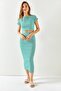 Women's Striped Green Short Sleeve Slit Skirt Lycra Suit TKM-19000194 - 3
