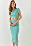 Women's Striped Green Short Sleeve Slit Skirt Lycra Suit TKM-19000194 - 6