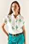 Women's Floral Green Patterned Linen Bat Shirt GML-19001129 - 2