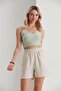 Beige Belt Detailed Linen Blended Summer Shorts - Linen Shorts - Linen Shorts