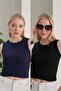 Women's Black Navy Blue Halter Neck 2-Piece Crop Blouse