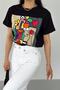 Women's Black Crew Neck Printed Cotton T-Shirt - 4