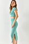 Women's Striped Green Short Sleeve Slit Skirt Lycra Suit TKM-19000194 - 4