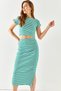 Women's Striped Green Short Sleeve Slit Skirt Lycra Suit TKM-19000194 - 7