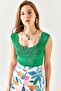 Women's Grass Green Openwork Collar Knitwear Blouse BLZ-19002342 - 2
