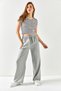Women's Gray Belted Elastic Waist Palazzo Ayrobin Trousers PNT-19000200 - 7