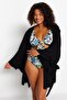 Siyah Kolu Fırfırlı Volanlı Viskon Plaj Giyim Dokuma Büyük Beden Kimono&Kaftan TBBSS23DE00001 - 2