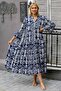 Italian Navy Blue Magnificent Collar Ruffle Sleeve Allover Printed Knitted Dress