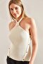 Women's Ecru Halter Neck Buttoned Knitwear Blouse 20234120 - 2