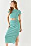 Women's Striped Green Short Sleeve Slit Skirt Lycra Suit TKM-19000194 - 5