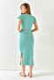 Women's Striped Green Short Sleeve Slit Skirt Lycra Suit TKM-19000194 - 8