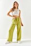 Women's Pistachio Green Belted Elastic Waist Palazzo Ayrobin Trousers PNT-19000200 - 5