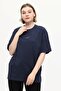 Navy Blue 100% Cotton Front and Back Printed Boyfriend Crew Neck Knitted T-Shirt - 2