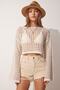 Women's Cream Openwork Crop Knitwear Blouse YY00151 - 3
