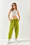 Women's Oil Green Pocketed Sewing Detailed Linen Shalwar Trousers PNT-19000234 - 4