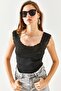 Women's Black Collar Openwork Knitwear Blouse BLZ-19002342 - 2