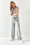 Women's Gray Belted Elastic Waist Palazzo Ayrobin Trousers PNT-19000200 - 5