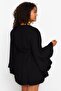 Siyah Kolu Fırfırlı Volanlı Viskon Plaj Giyim Dokuma Büyük Beden Kimono&Kaftan TBBSS23DE00001 - 5