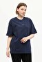 Navy Blue 100% Cotton Front and Back Printed Boyfriend Crew Neck Knitted T-Shirt - 4