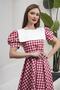Vintage Red Gingham Mobile White Collar Watermelon Sleeve Flared Dress (Dress-White Collar) - 3