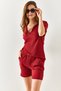 Women's Claret Red Polo Collar Top Pocket Shorts Ribbed Suit TKM-19000197 - 4